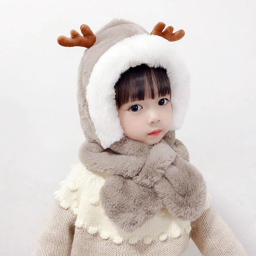 Fashion Cartoon Kids Integrated Cap Scarf Windproof Plush Baby Hat With Scarf Thickening Warm Ear Protection Cap Children