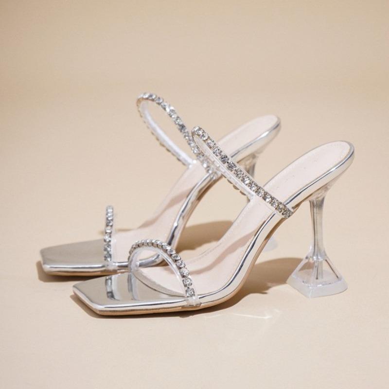 Fashion New Summer Sexy Fashion Open Toe Women's Sandals Water Diamond Shining Square Headed Banquet Women's High Heels Large Design
