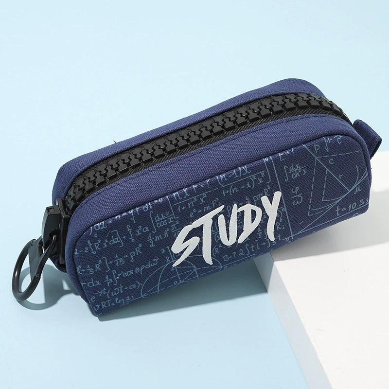 

Large-capacity Canvas Pencil Case And Learning Formula Printing - Durable Zipper Storage Bag For School, University, Office Supplies - Black And Navy синий