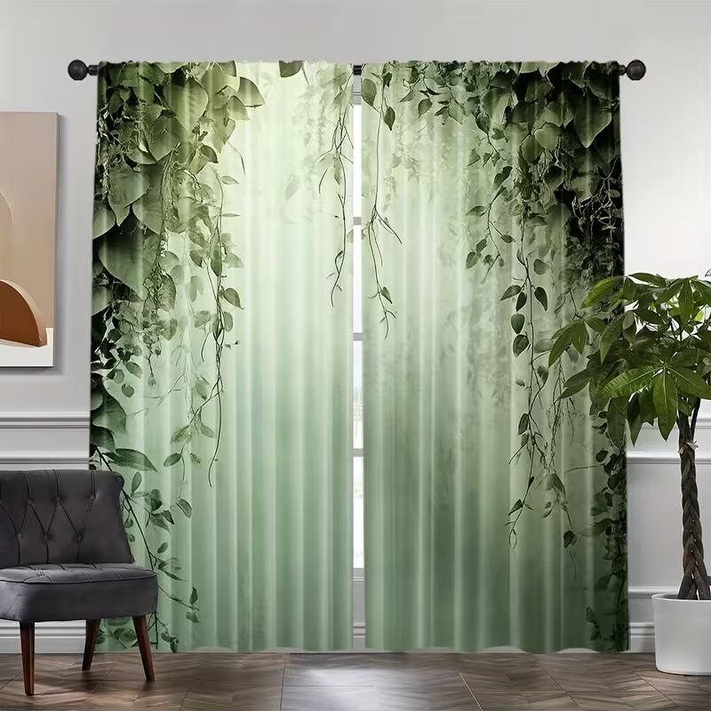 2PC Green Vine Leaf Curtains Jungle Botanical Print Light Filtering Drapes Nature Bohemian Home Decor for Living Room Bedroom
