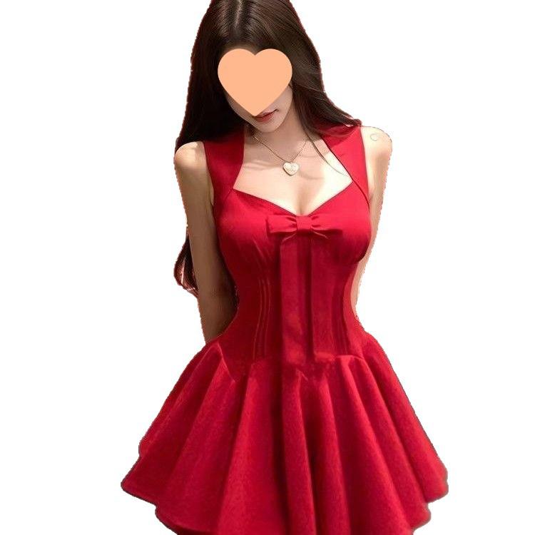 Elegant French Rose Bow Knot Dress - Slimming Waist, Summer Short Skirt for Special Occasions