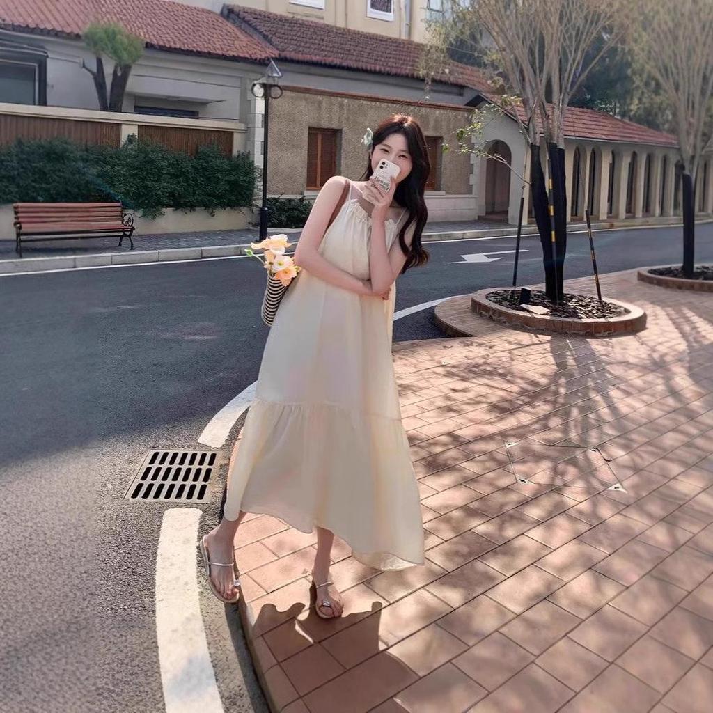 Damen 2024 Sommer Aprikosenfarbenes Französisches Schlankmachendes Midikleid mit Trägern