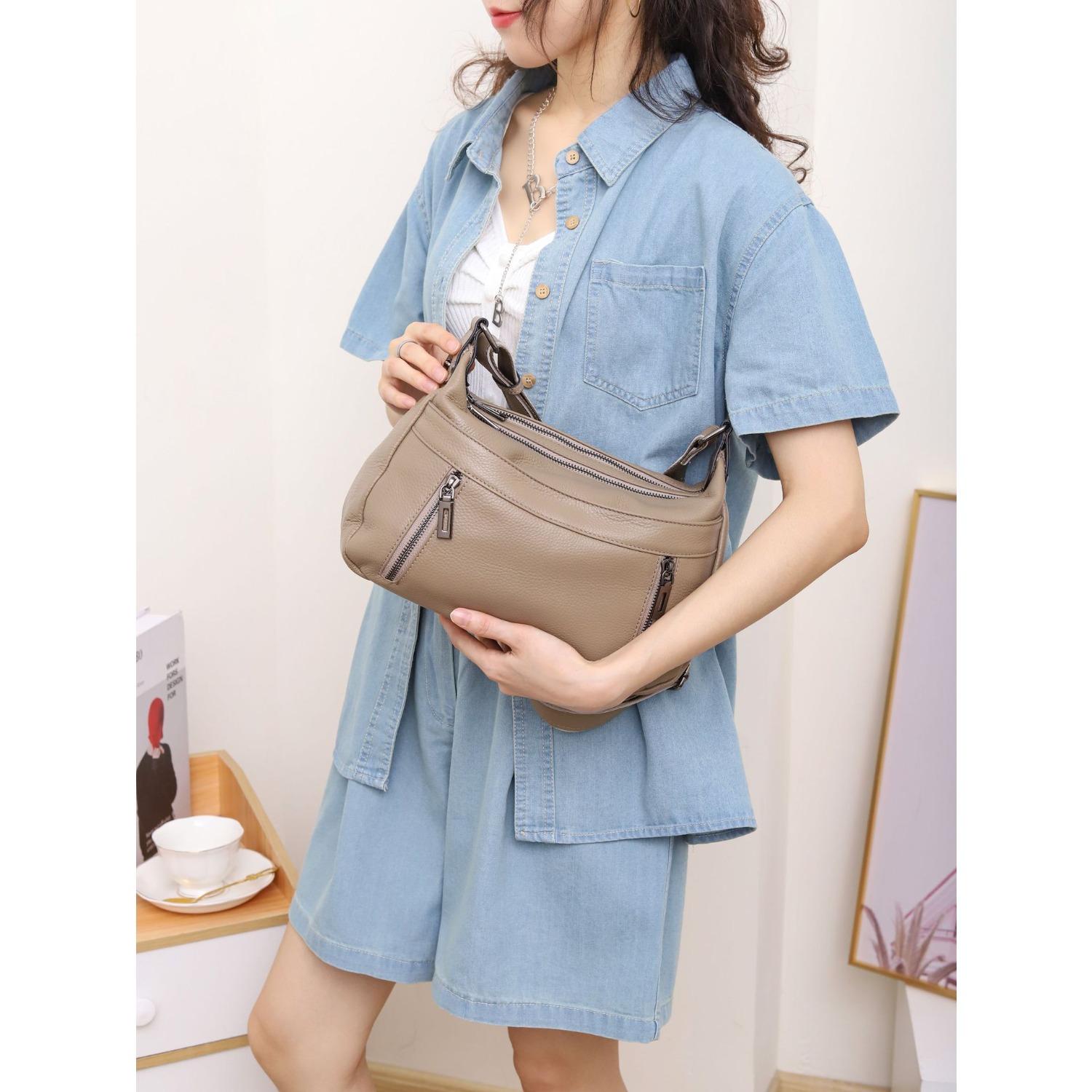 

Сумка-мешок из коровьей кожи для женщин, одно плечо, через плечо, простая, с несколькими отделениями, большая вместимость, сумка для тети и матери серый