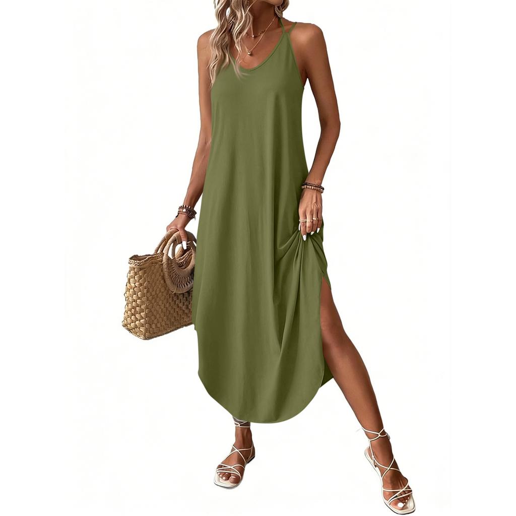 Women's Fashion Casual V-neck Sleeveless  Dresses Print Dresses Beach Long Dresses