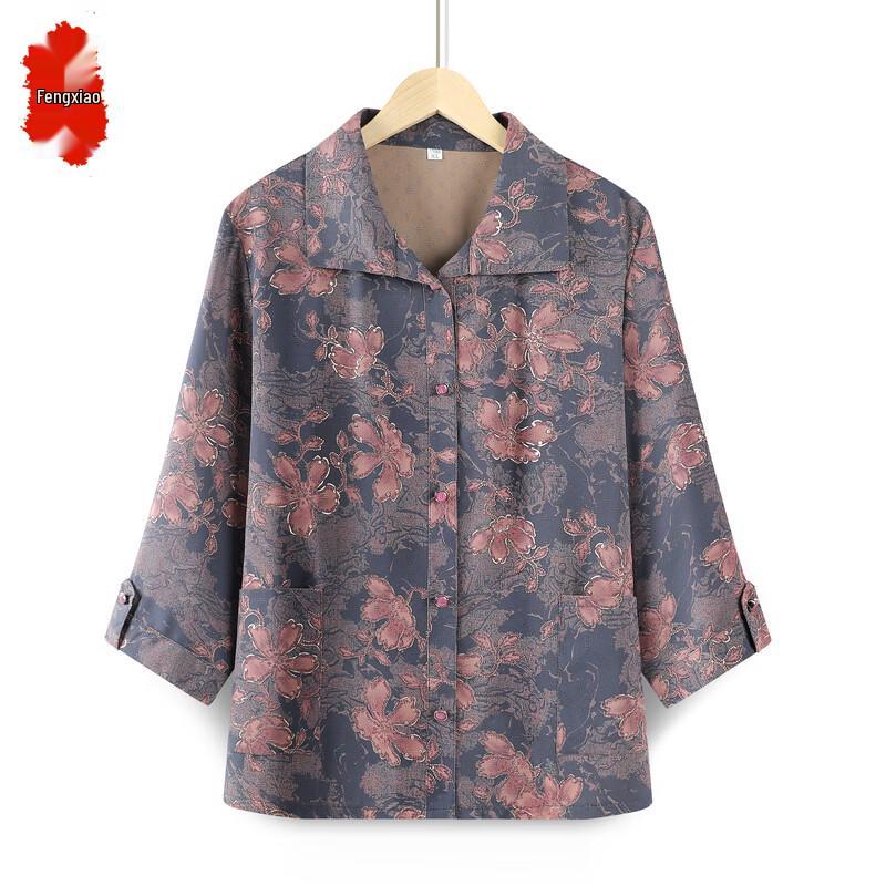 Elderly Women s Floral Seven-Sleeve Button-Up Shirt 4XL