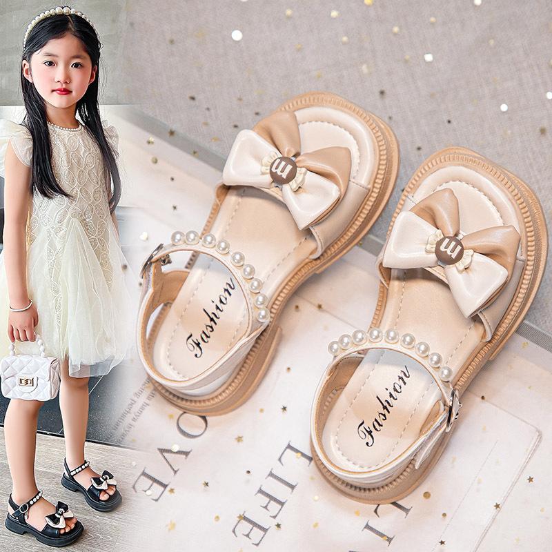 Children's sandals 2025 summer Korean version girls bow foreign princess single shoes baby pearl versatile beach shoes