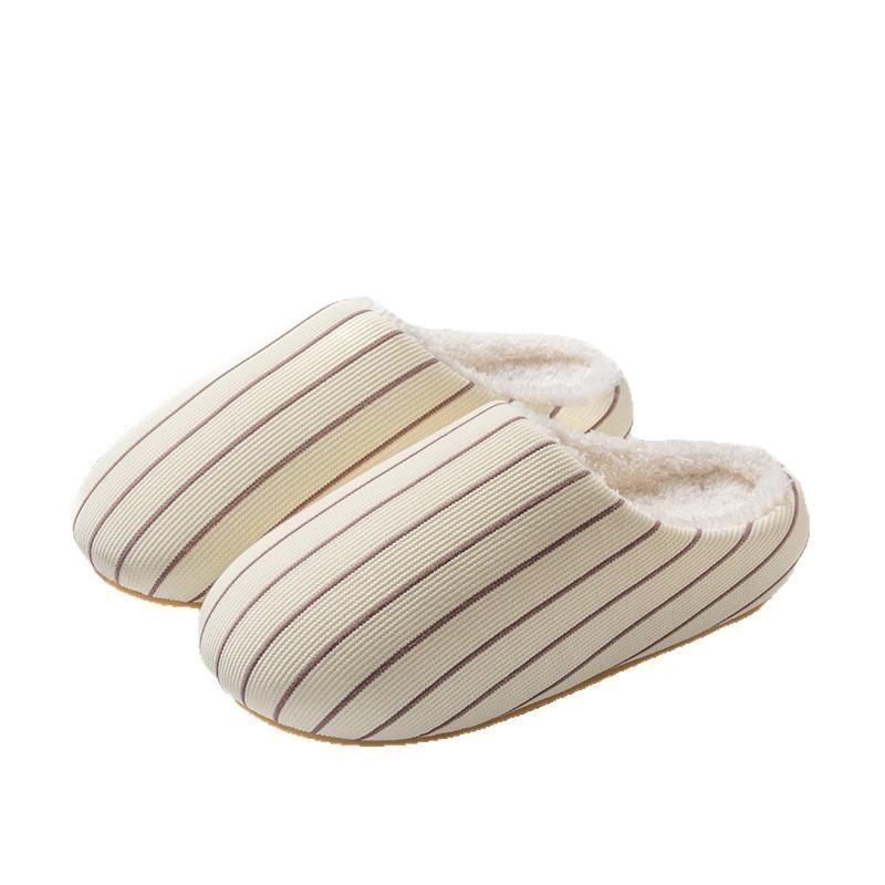 Winter striped warm cotton slippers home indoor piled thickened non-slip silent plush slippers
