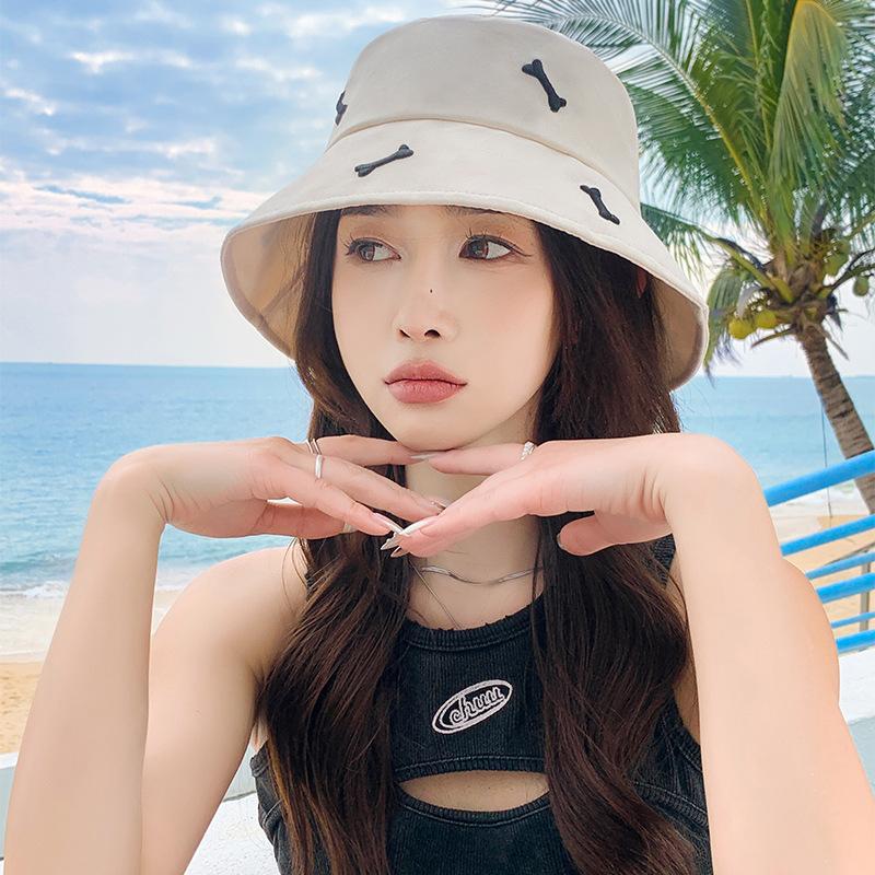

Summer hat women s sunshade sunscreen hat sweet embroidered small bones casual versatile bucket hat Average size