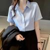 WTEMPO Women Satin Short Sleeve Shirt Elegant Lapel V Neck Blouse Smooth Office Commuter Solid Color Casual Work Top