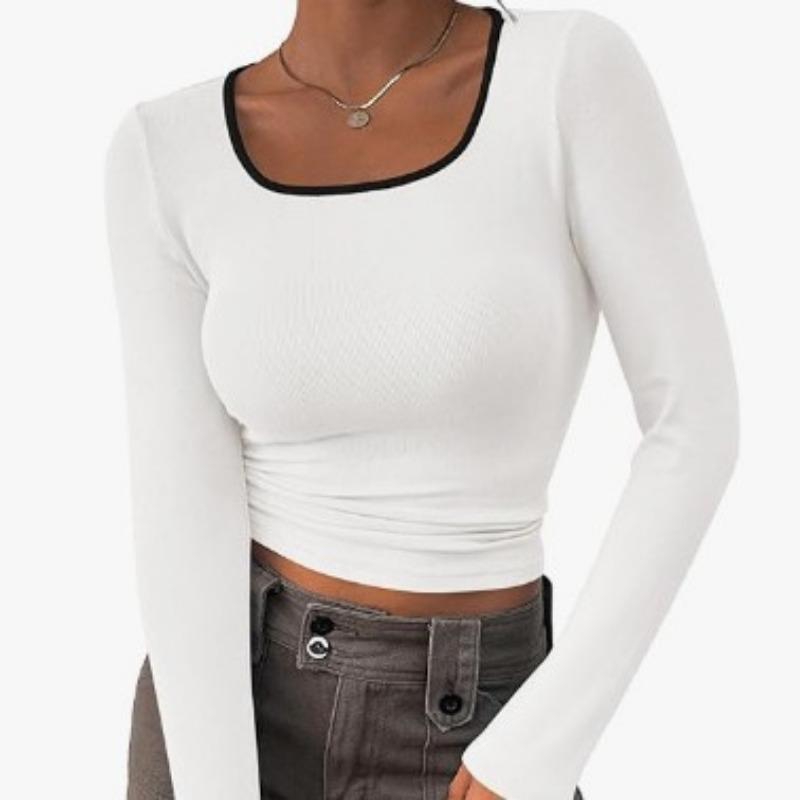 

Женская футболка с длинными рукавами и глубоким вырезом, тонкая трикотажная футболка в рубчик, весна-осень, цветные блоки S белый
