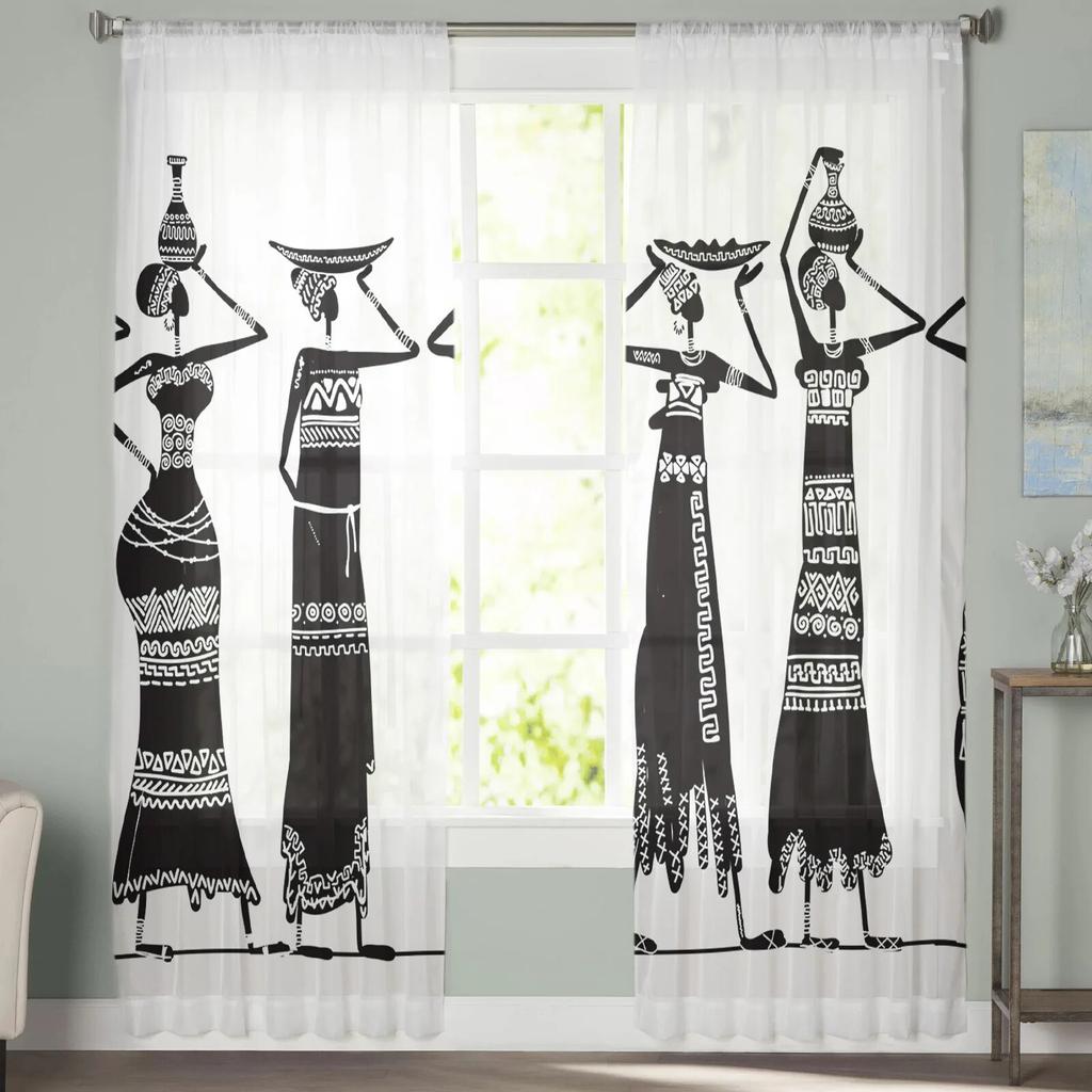 African Woman Ethnic Porcelain Sheer Curtain For Bedroom Tulle Voile Curtain For Kitchen Living Room Decor Window Treatment