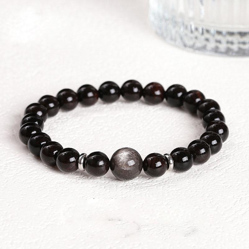 Black Sandalwood Bracelet with Silver Obsidian Bead Natural Wood Jewelry Adjustable Unisex Gifts