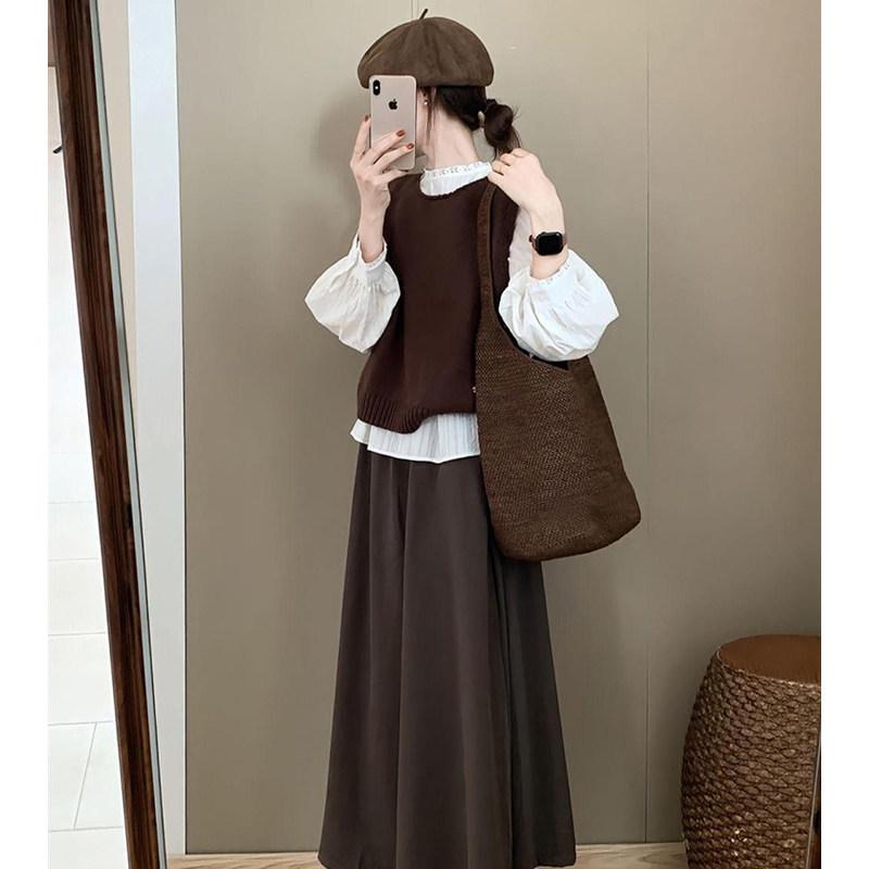 2026 Spring Brown Melange Outfit: High-End Vest, Shirt, and Skirt Set Vest Only