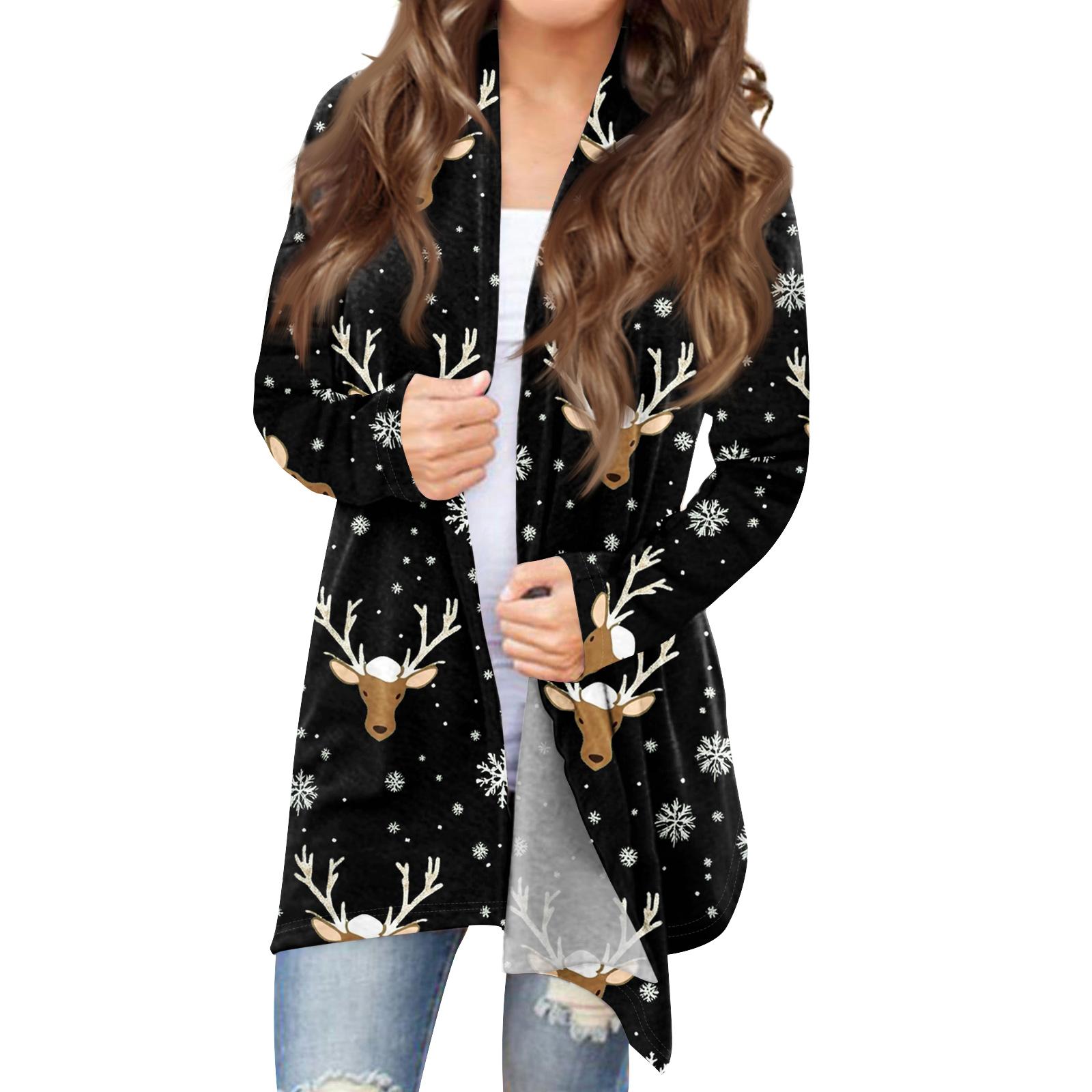 

Women s Fashionable Loose-Fit Casual Cardigan With Christmas Print Mid-Length Coat XL чёрный