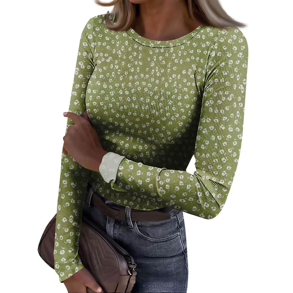Women's  Slim Bottom T-shirt Fashion Casual Gradient Printing Round Neck Pullover Long Sleeve Top