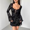 Women‘s Mesh Evening Dress - U Collar Bodycon Long Sleeve Dress with Flower Embroidery
