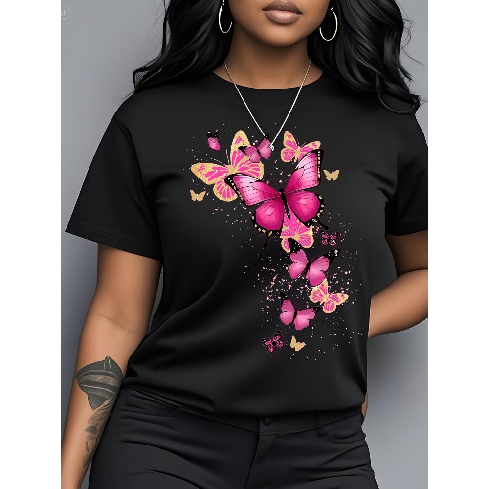 Plus Size Women's Round Neck Short Sleeve T-Shirt, Vibrant Butterfly Print for Spring and Summer