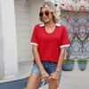Frühling und Sommer Neue Farbblockierung Revers Kurzarm, Lockere T-Shirt Tops Damen