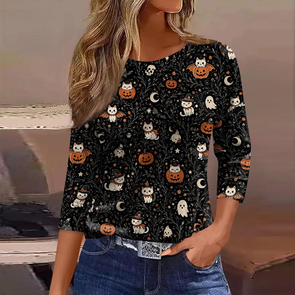 Women's Casual 3/4 Sleeve Halloween Print Round Neck Blouse for Party and Daily Wear