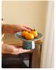 Chinese Ru Kiln Blue and White High-Footed Ceramic Plate for Fruit, Tea, Snacks, Pastries, and Living Room Decor