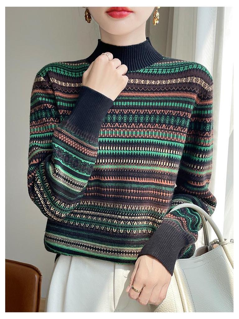 Damen Retro Gestreifter Strickpullover mit hohem Kragen - Vielseitig & Modisch für Herbst/Winter