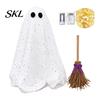 Halloween Ghost Decoration with Broom, Spooky Sequins Mesh White Ghost, Cute Glittery Decor Adjustable Standing for Party, Home, Table, Fireplace,