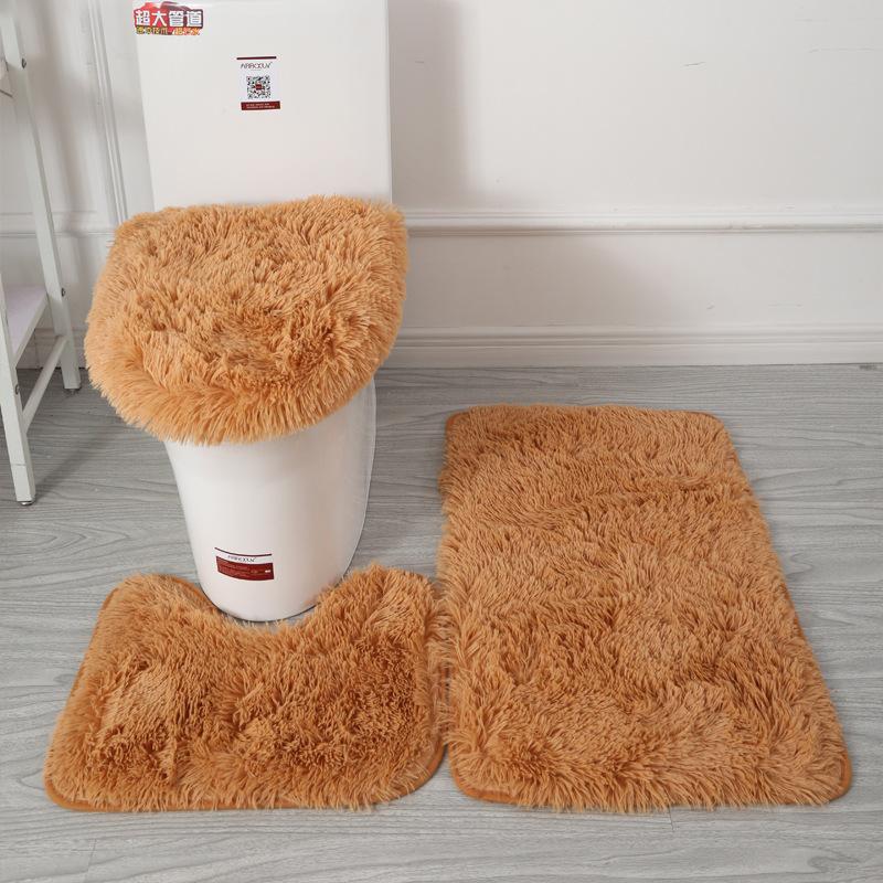 Inyahome 3pcs/set Plush Bathroom Bath Mats Set Anti Slip Toilet Rug and Toilet Lid Cover Soft Fluff Shower Carpet Floor Bath Mat