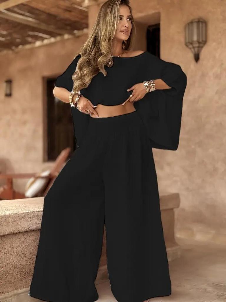 Top Marrone a Manica a Pipistrello con Spalle Scoperte e Pantaloni a Gamba Larga a Vita Alta Set Due Pezzi