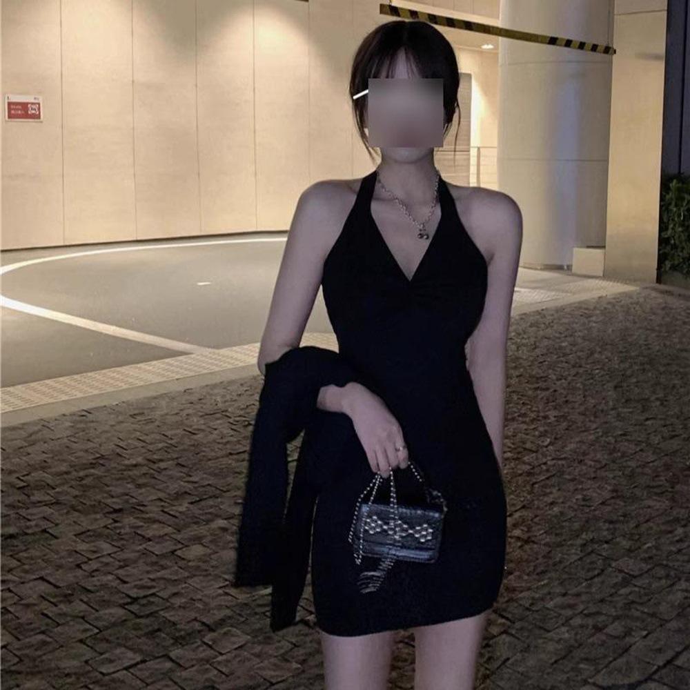 Elegant V-Neck Halter Black Dress for Women - Spring Collection Bodycon Mini Skirt, Slimming & Figure-Flattering Mature Style.