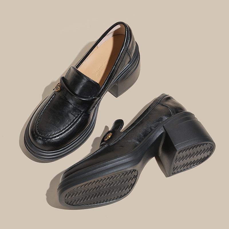 

Платформенные туфли из натуральной кожи на толстом каблуке женские весенние новые осенние с цветочным принтом на высоком каблуке ленивые одинарные туфли 34