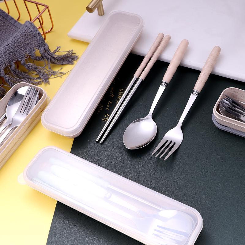 Wheat Straw Stainless Steel Portable Cutlery Set: Fork, Spoon & Chopsticks for Students, Office, and Travel