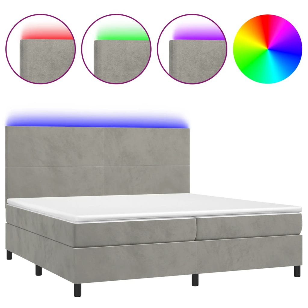 Box Spring Bed with Mattress & LED Light Grey 200x200 cm Velvet