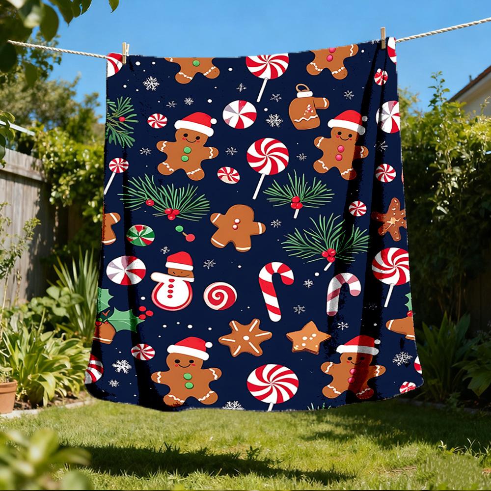 1pc Gingerbread Man Outdoor Flannel Blanket Soft All Season Polyester Throw , Perfect for Picnics & Travel , Picnic Accessory
