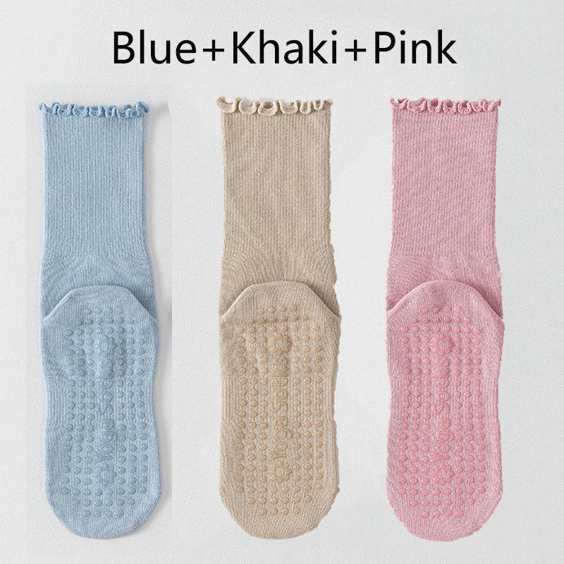 3 Pairs Solid Yoga Socks for Women Cotton Breathable Mid-calf Yoga Socks Pliates Sport Fitness Non-slip Grip Floor Socks Ruffle