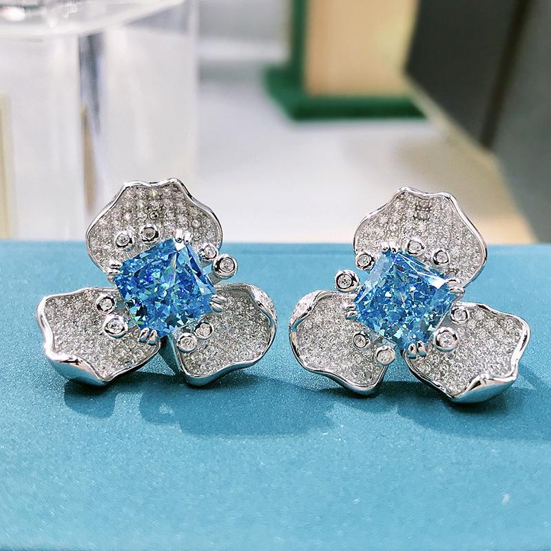 

Luoxi Silver Aquamarine & Diamond Flower Earrings for Women 925 Silver синий