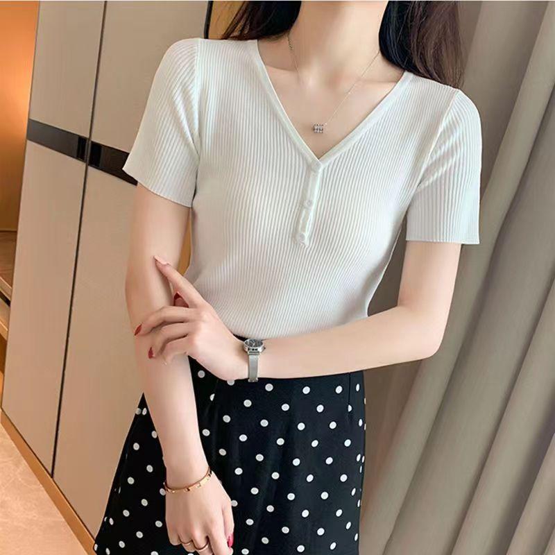 Women Summer V-Neck Short Sleeve Knitted Thin Sweater Shirt Top Short Sleeve Slim Bottoming Button Inner Outer Wear Solid Color