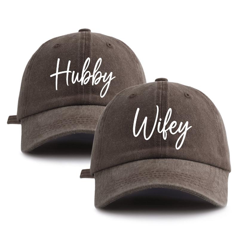 2 Pcs HUBBY WIFEY Print Washed Baseball Cap,Classic Casual Stylish Retro Adjustable Lightweight Sun Protection for Outdoor Sport