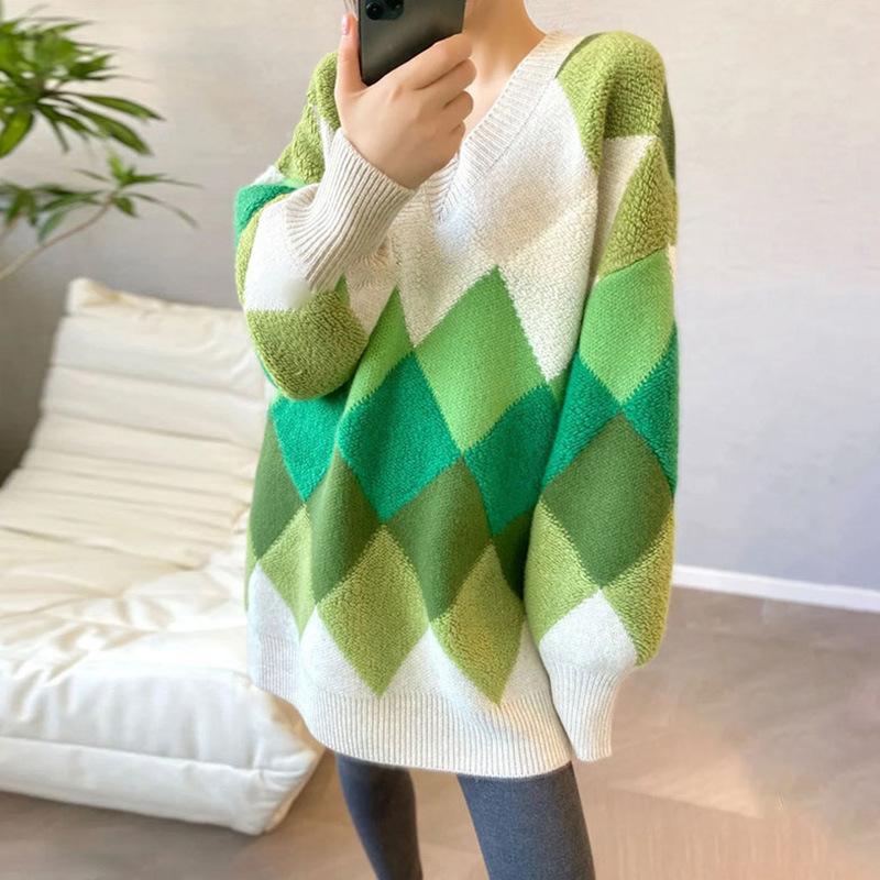 

Женский зимний свободный утолщенный вязаный свитер контрастного цвета с v-образным вырезом и бриллиантами XXL зелёный