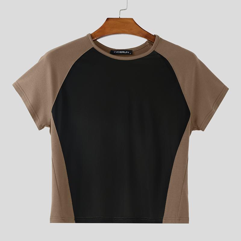 INCERUN Herren Rundhals Kurzarm Mesh Transparent Patchwork Figurbetont Cropped T-Shirts