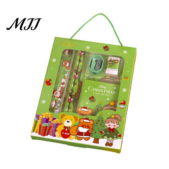 Cute Stationery for School 6PCS Christmas Set, Include Pencils Ruler Sharpener Eraser Pencil Case Gift Sets And Notepad, Cartoon Patterns Print