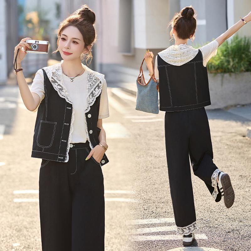 

Летний джинсовый костюм-жилет женский повседневный с кружевной отделкой, прямые джинсы, комплект из трех предметов S чёрный