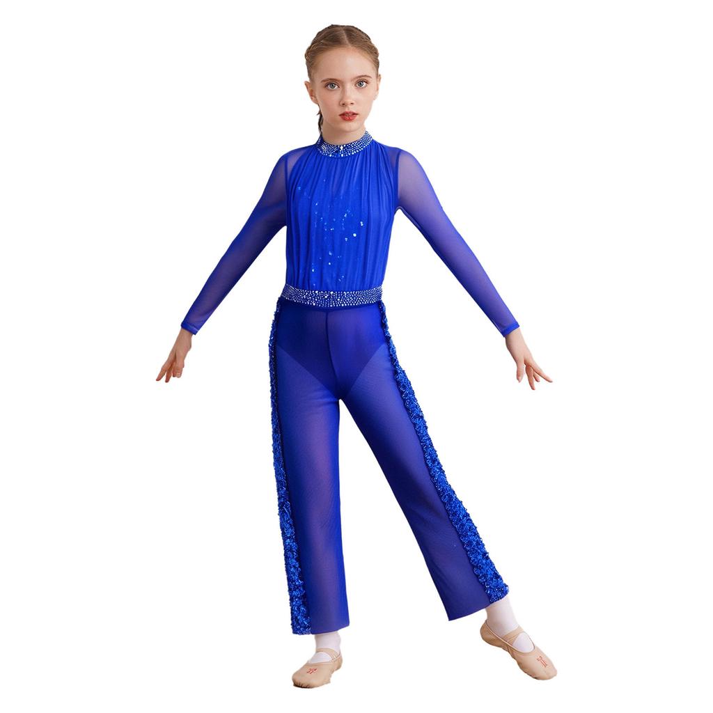 Κοριτσίστικο Κοστούμι Παγοδρομίας Sparkle Στρας Διχτυωτό Ολόσωμο Κολάν Ελαστική Μέση Φαρδιά Παντελόνα