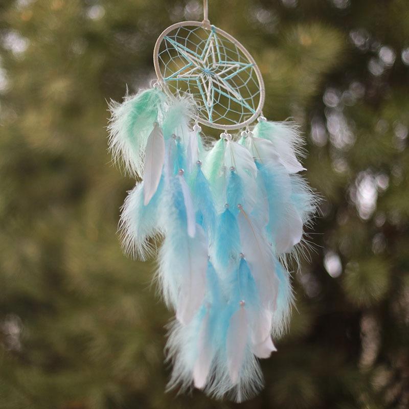 Blue Feathers Star Dream Catcher Handmade Wind Chimes Bedroom Decorations Wall Pendants Window Pendant For Girls Birthday Gifts