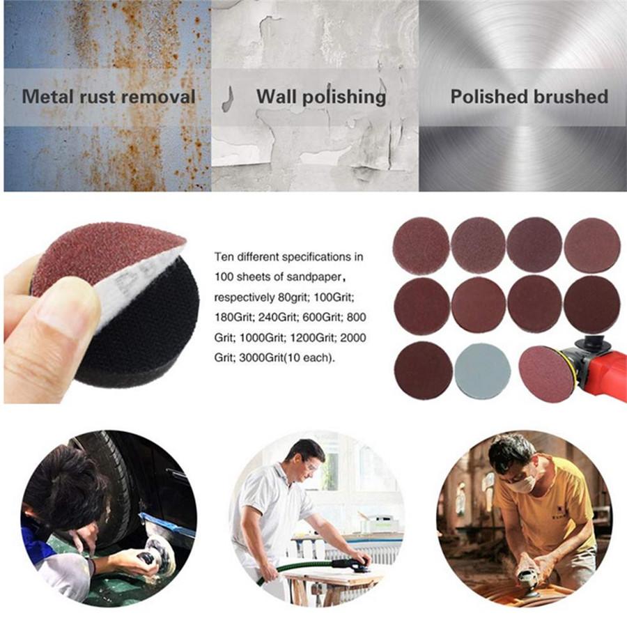 100PCS Sanding Disc Sand Paper Hook Loop Sander+Backer Pad+M6 Drill Adapter 50mm