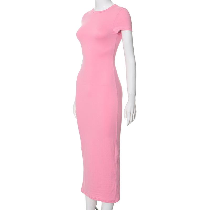 2024 Summer High Waist Long Dress For Women Short Sleeve Slim O Neck Basic Dresses Female Party Temperament Evening Elegant Solid Dress Femme