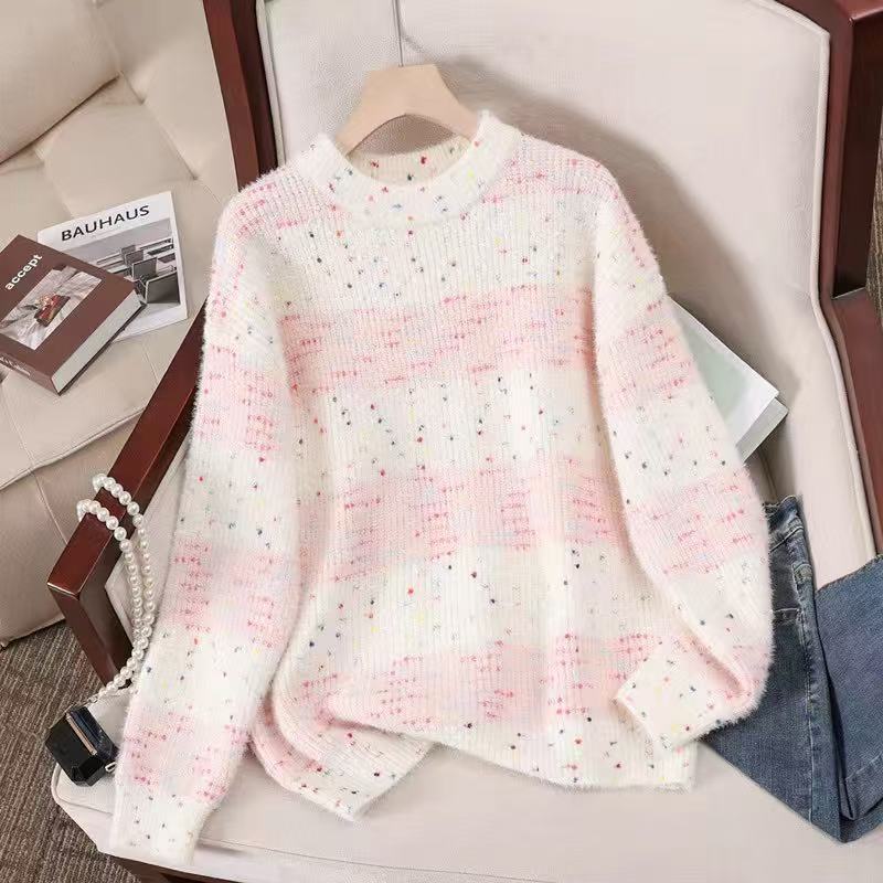 New special yarn half-height round neck loose thickened warm color matching horizontal strip with knitted top sweater women