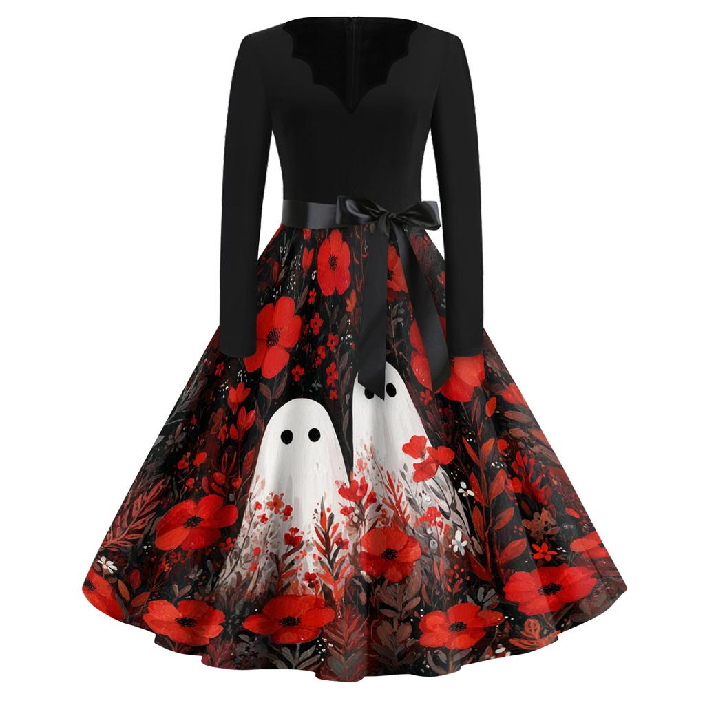 Womens Casual Vintage V Neck Dress Halloween Print Long Sleeve Fit Flare Dress with Bow Waistband Retro Style