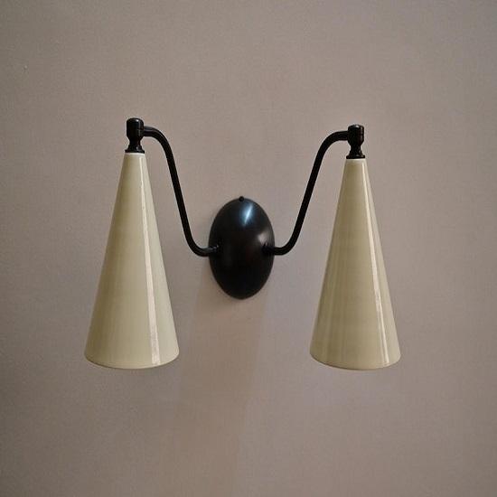 Double Cone Brass Wall Sconce – Mid‑Century Modern Light with Ivory Shades