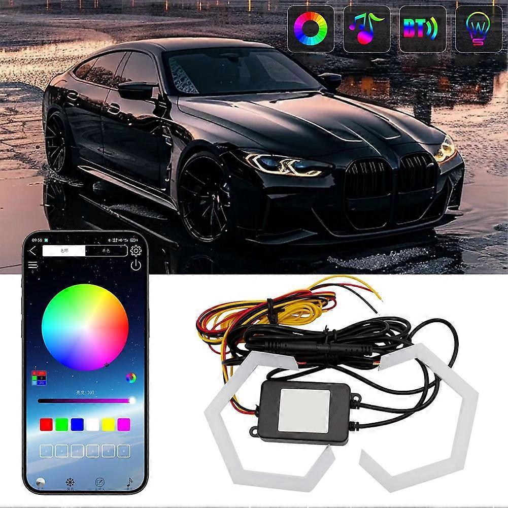 RGB LED Headlight Refit Colorful Angel Eye Halo Rings Hex Light App Remote
