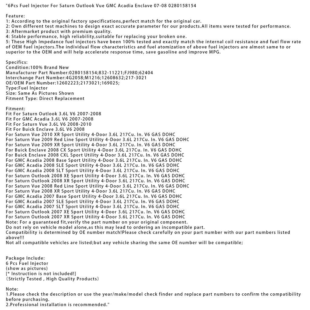 6Pcs Fuel Injector For Saturn Outlook Vue GMC Acadia Enclave 07-08 0280158154